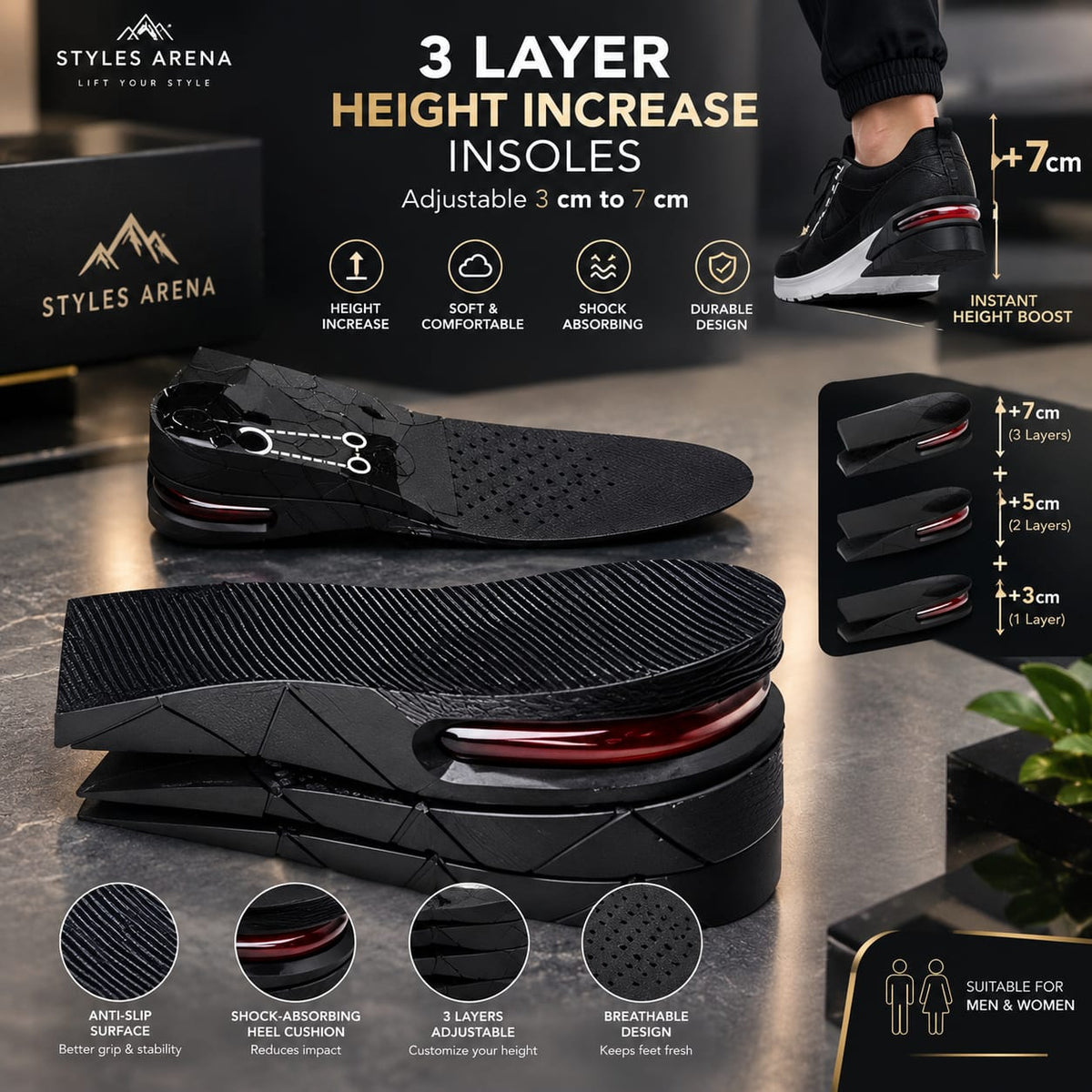 3-Layer Height Increase Insoles | Adjustable 3–7 cm Height Elevator Shoe Inserts for Men & Women