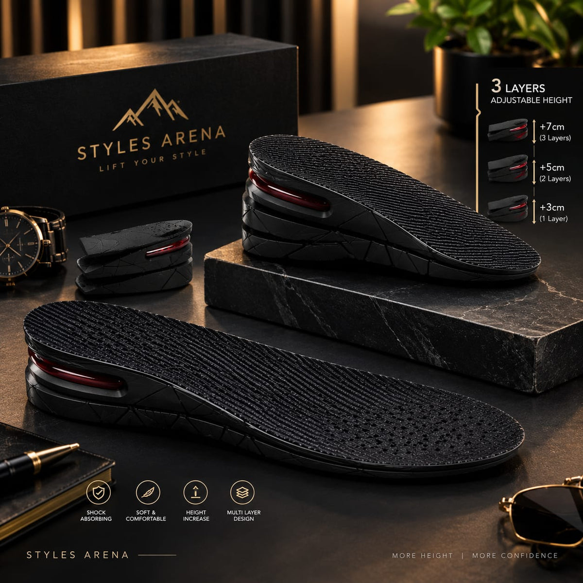 3-Layer Height Increase Insoles | Adjustable 3–7 cm Height Elevator Shoe Inserts for Men & Women