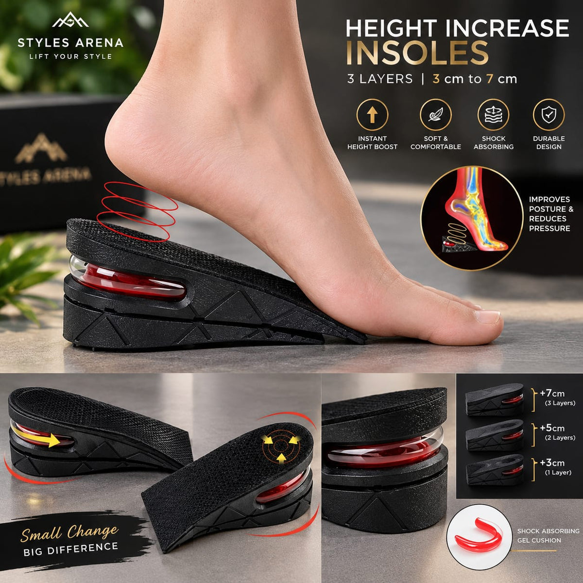 3-Layer Height Increase Insoles | Adjustable 3–7 cm Height Elevator Shoe Inserts for Men & Women